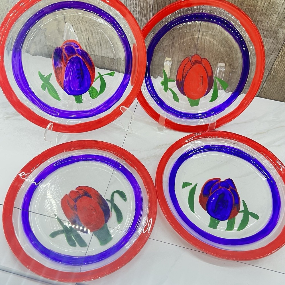 Vtg 4-Kosta Boda "UHV/PG" Tulipa Mexico Glass 7.5" Blue/Green/Red MINT Tulip